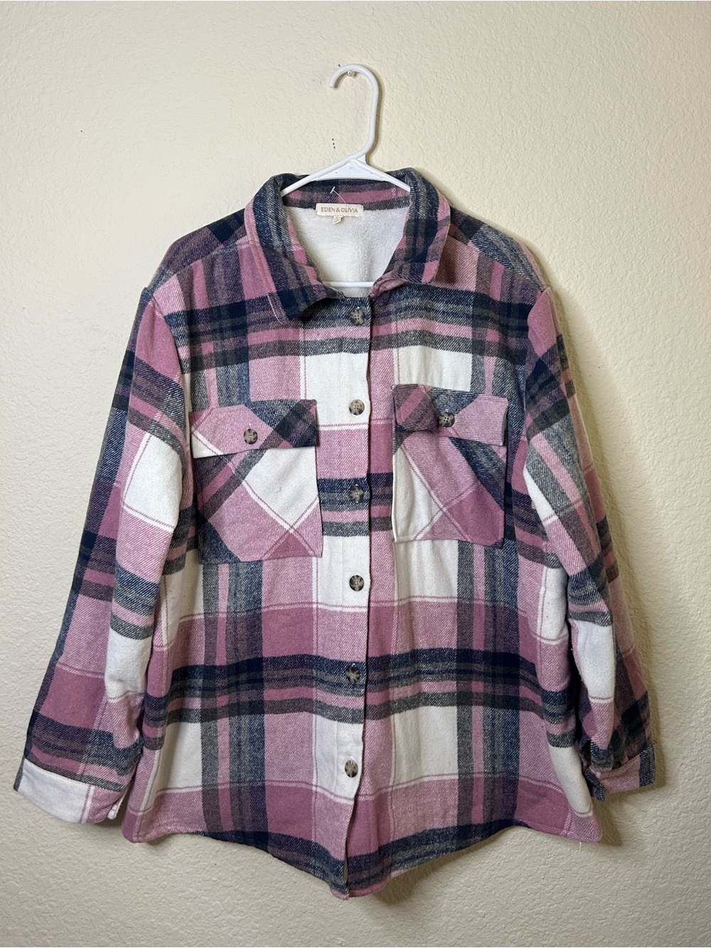 Eden & Olivia‎ Pink Plaid Fleece Lined Button-Up Shirt Jacket Warm Plus Size 2XL